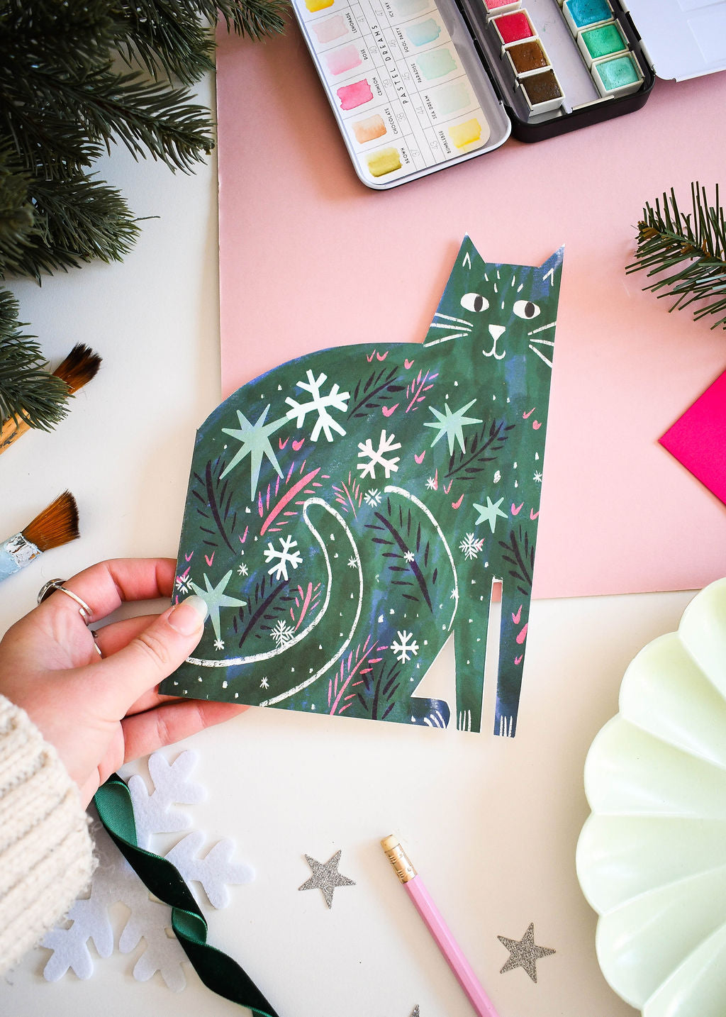 Green Cat Christmas cut out card