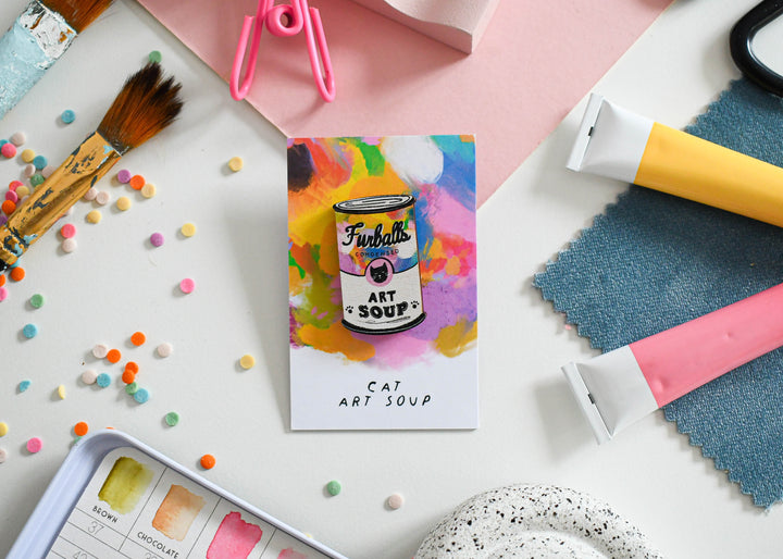 Cat Art Soup Wooden Pin Badge