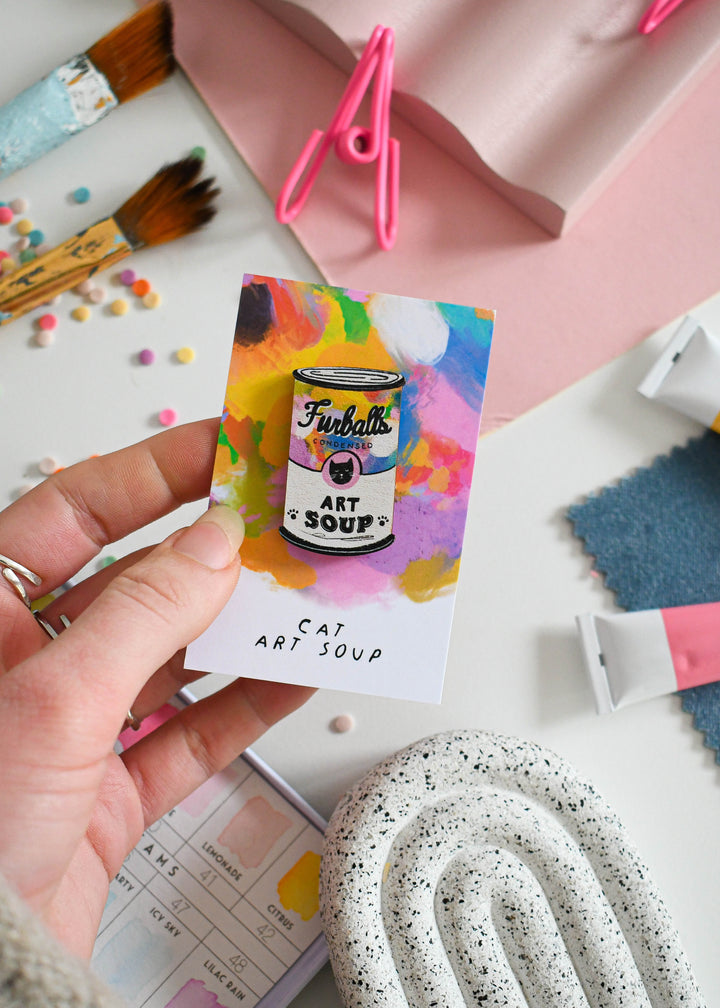 Cat Art Soup Wooden Pin Badge