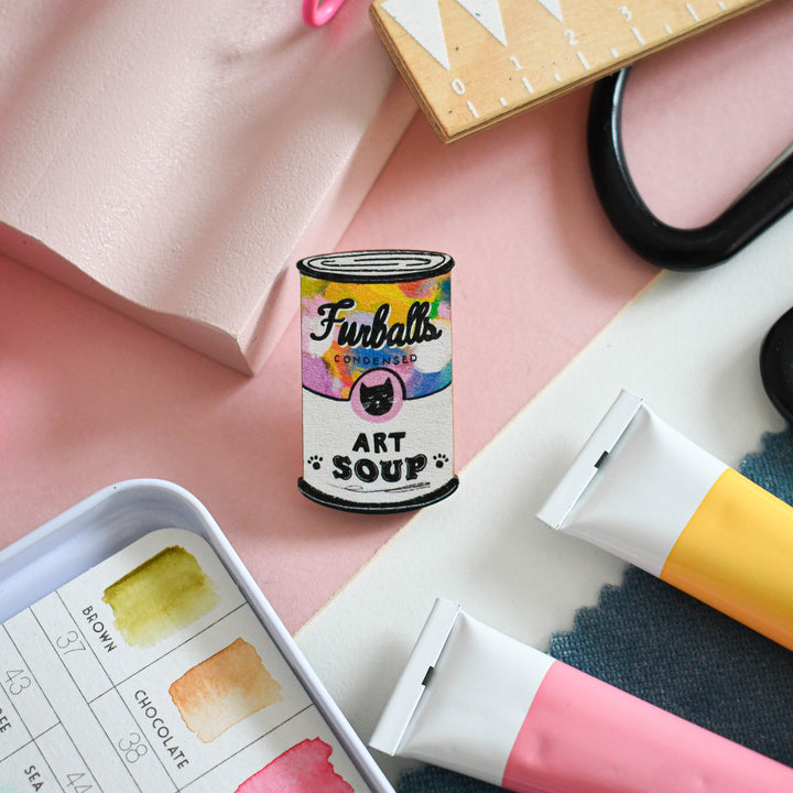 Cat Art Soup Wooden Pin Badge