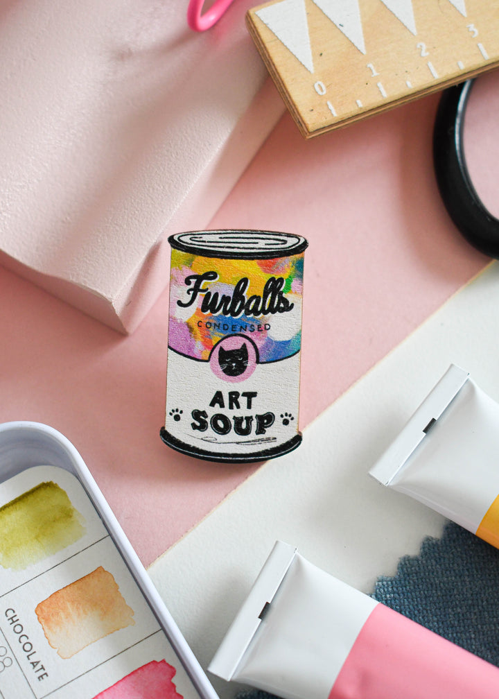 Cat Art Soup Wooden Pin Badge