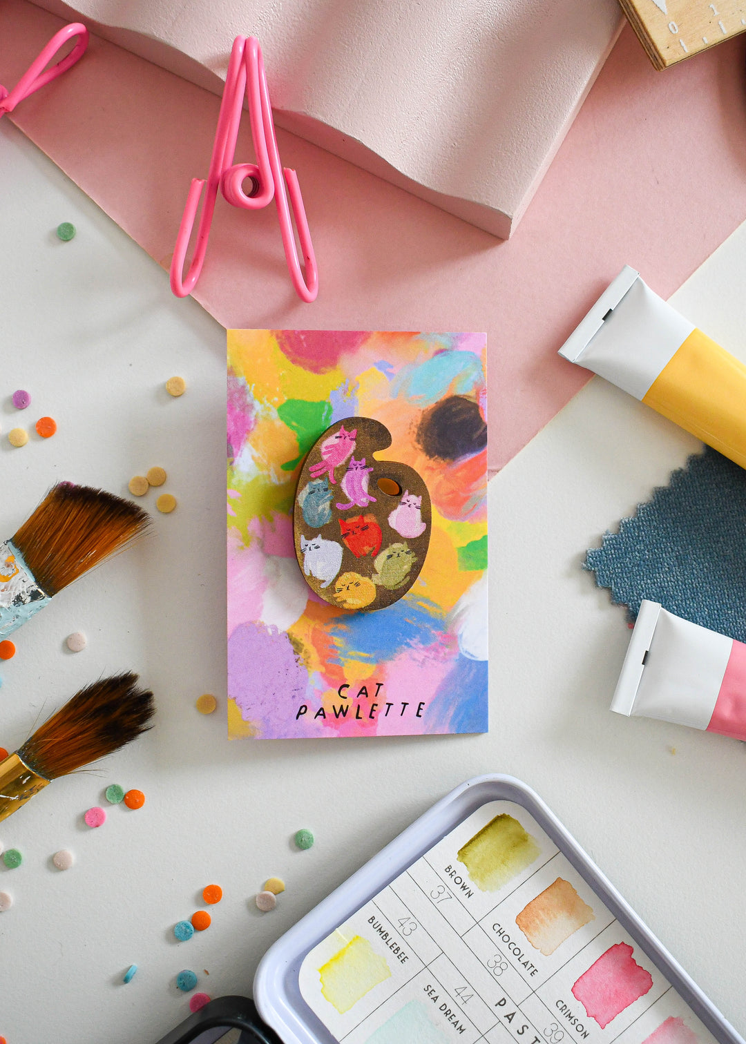 Cat Art Paint Palette Wooden Pin Badge