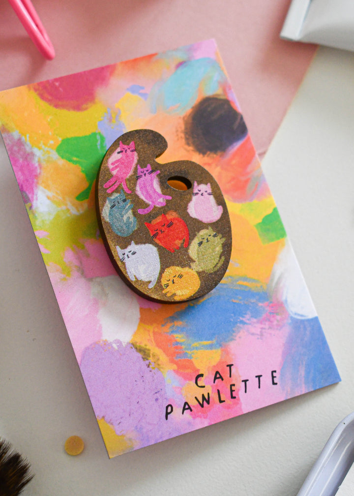 Cat Art Paint Palette Wooden Pin Badge