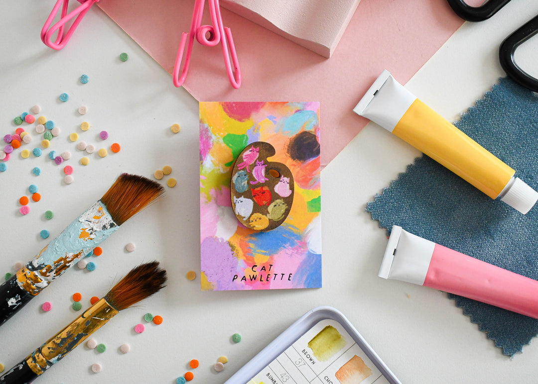 Cat Art Paint Palette Wooden Pin Badge