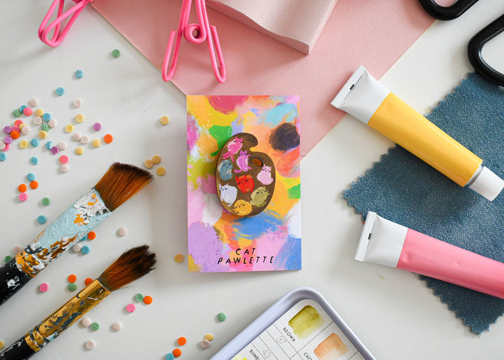 Cat Art Paint Palette Wooden Pin Badge