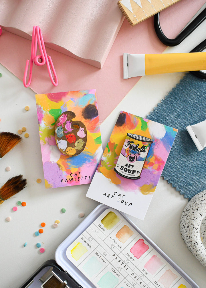 Cat Art Paint Palette Wooden Pin Badge