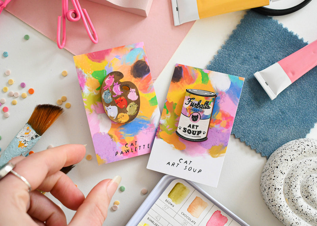 Cat Art Paint Palette Wooden Pin Badge