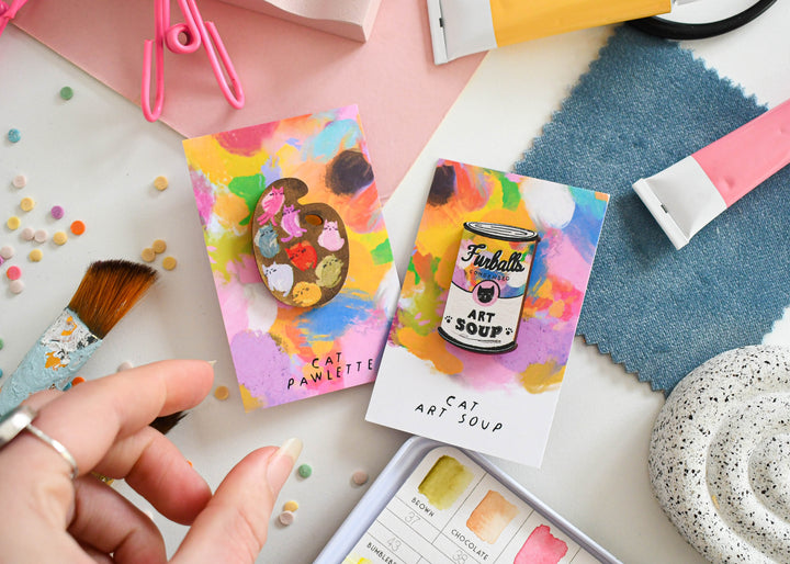 Cat Art Paint Palette Wooden Pin Badge