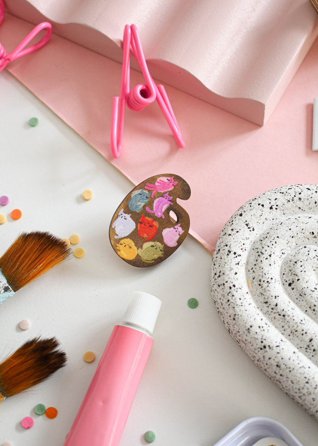 Cat Art Paint Palette Wooden Pin Badge
