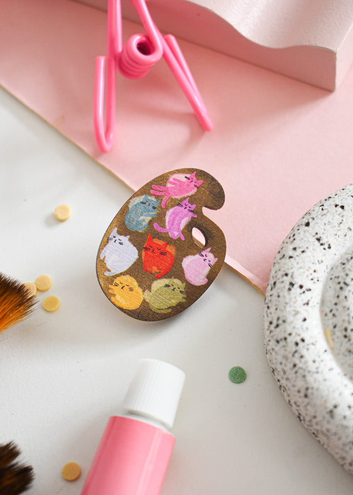 Cat Art Paint Palette Wooden Pin Badge