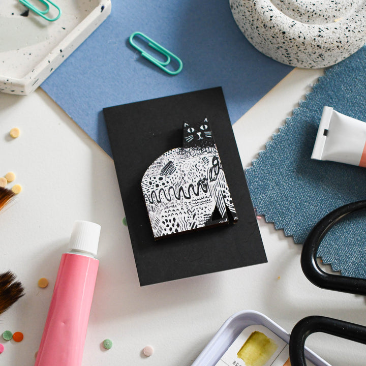 Mark Making Cat Wooden Pin Badge