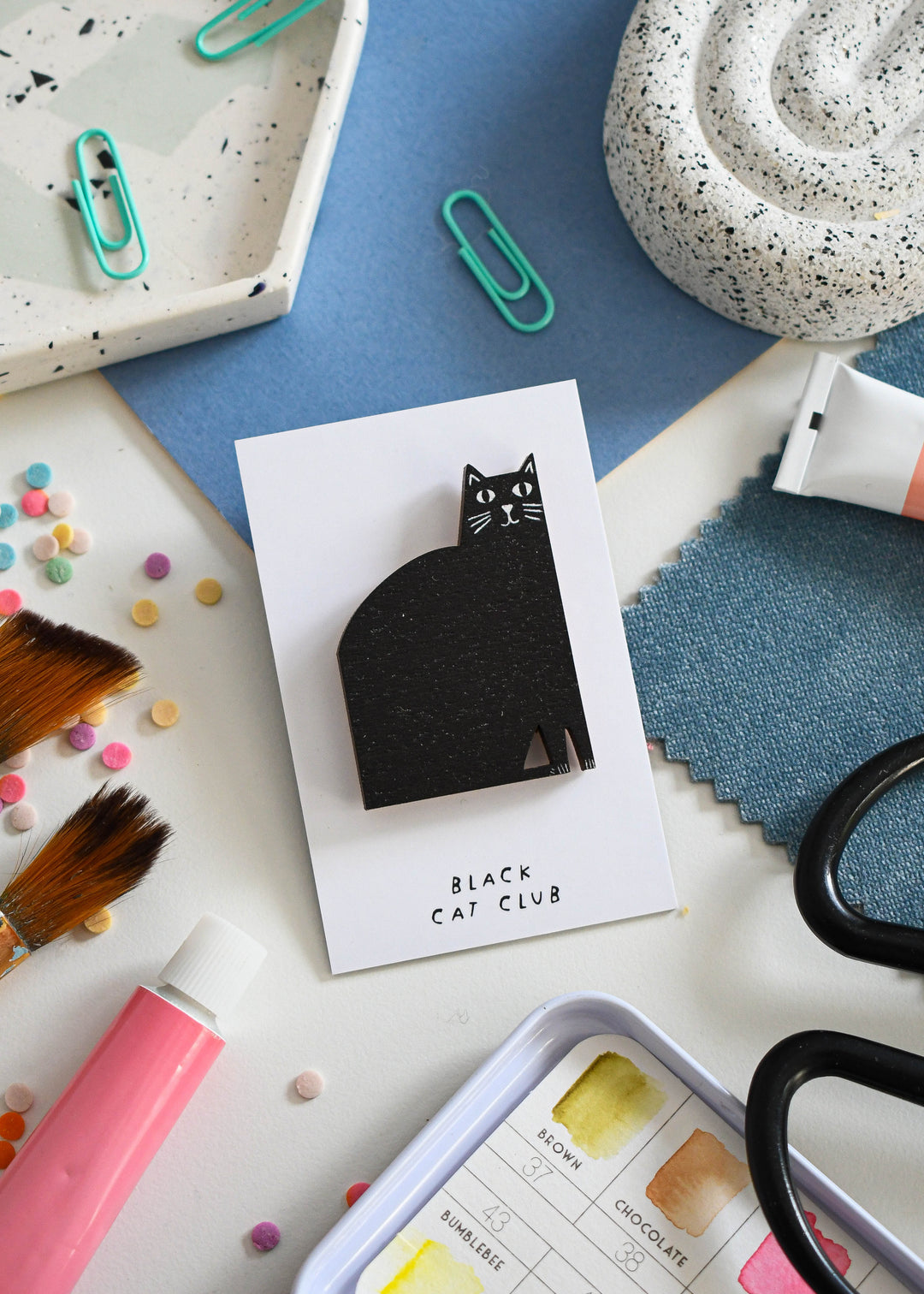 Black Cat Wooden Pin Badge