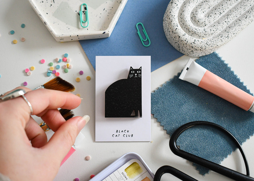Black Cat Wooden Pin Badge