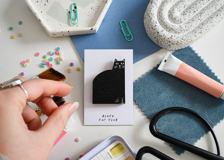 Black Cat Wooden Pin Badge