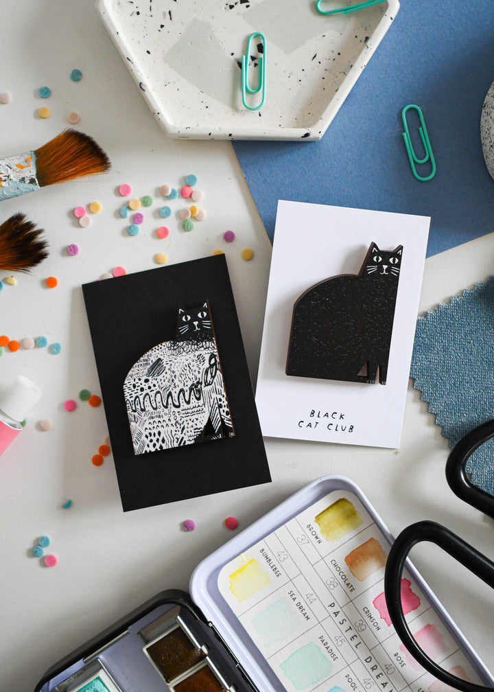 Black Cat Wooden Pin Badge