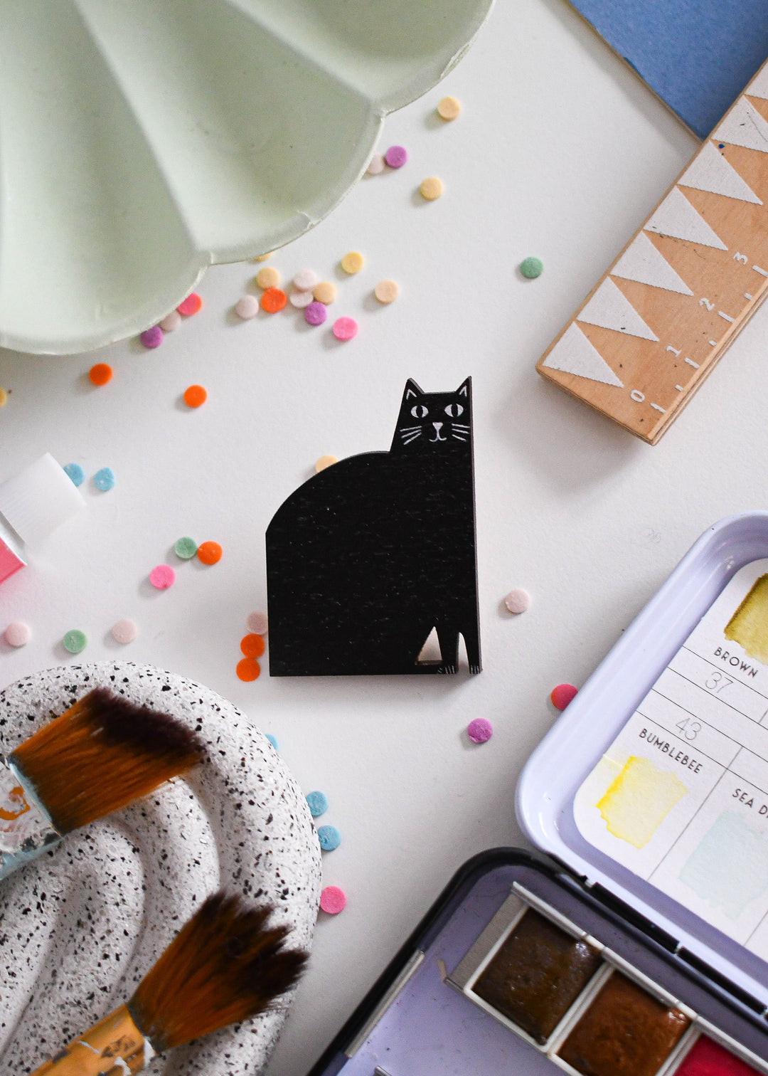 Black Cat Wooden Pin Badge