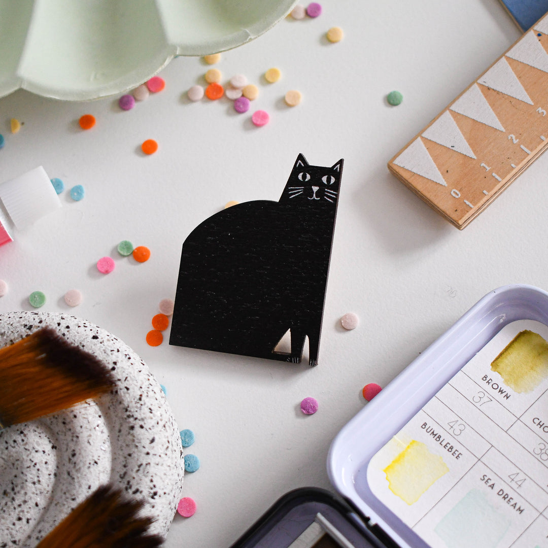 Black Cat Wooden Pin Badge