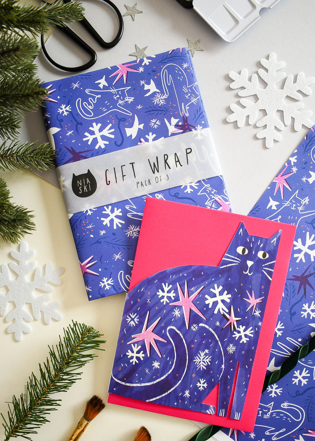 Blue Christmas Cat cut out card