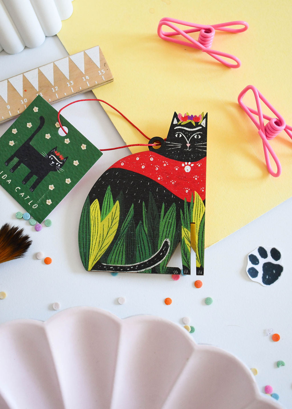 Frida Catlo Wooden Cat Decoration