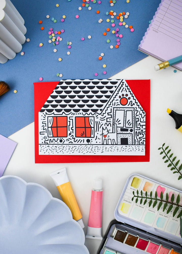 Keith Hairball Cat cut out house card