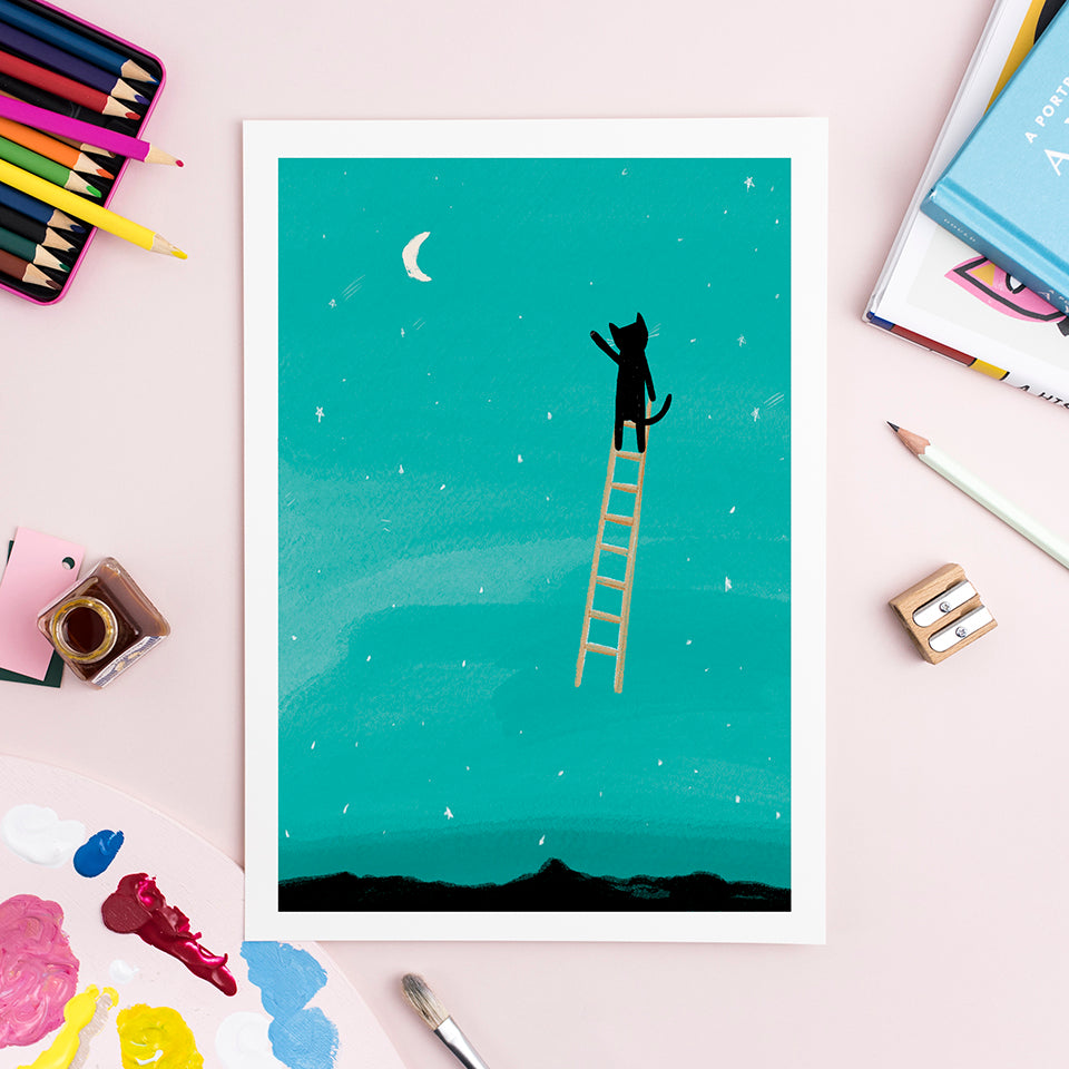 Cat Ladder to the Moon Art Print