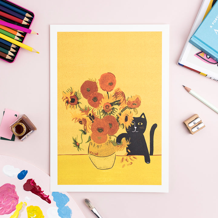 Sunflower Vase Cat Art Print