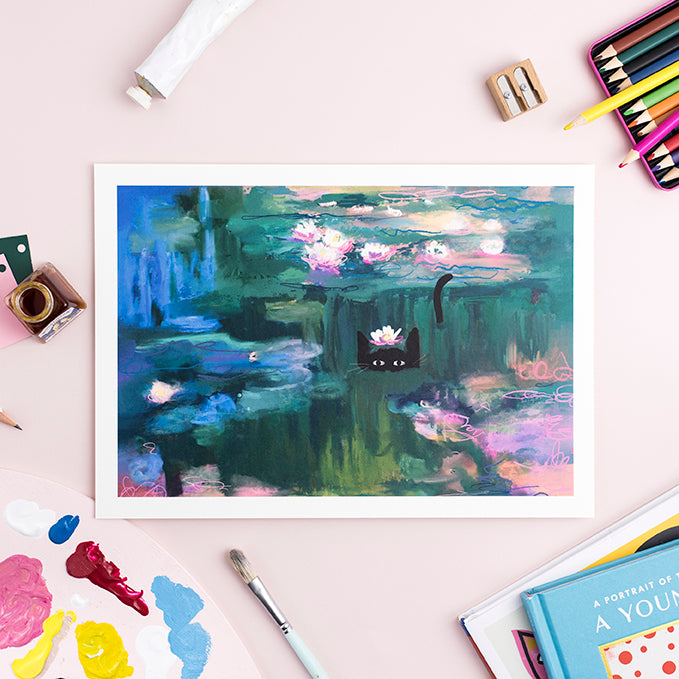 Clawed Monet Waterlily Cat Print