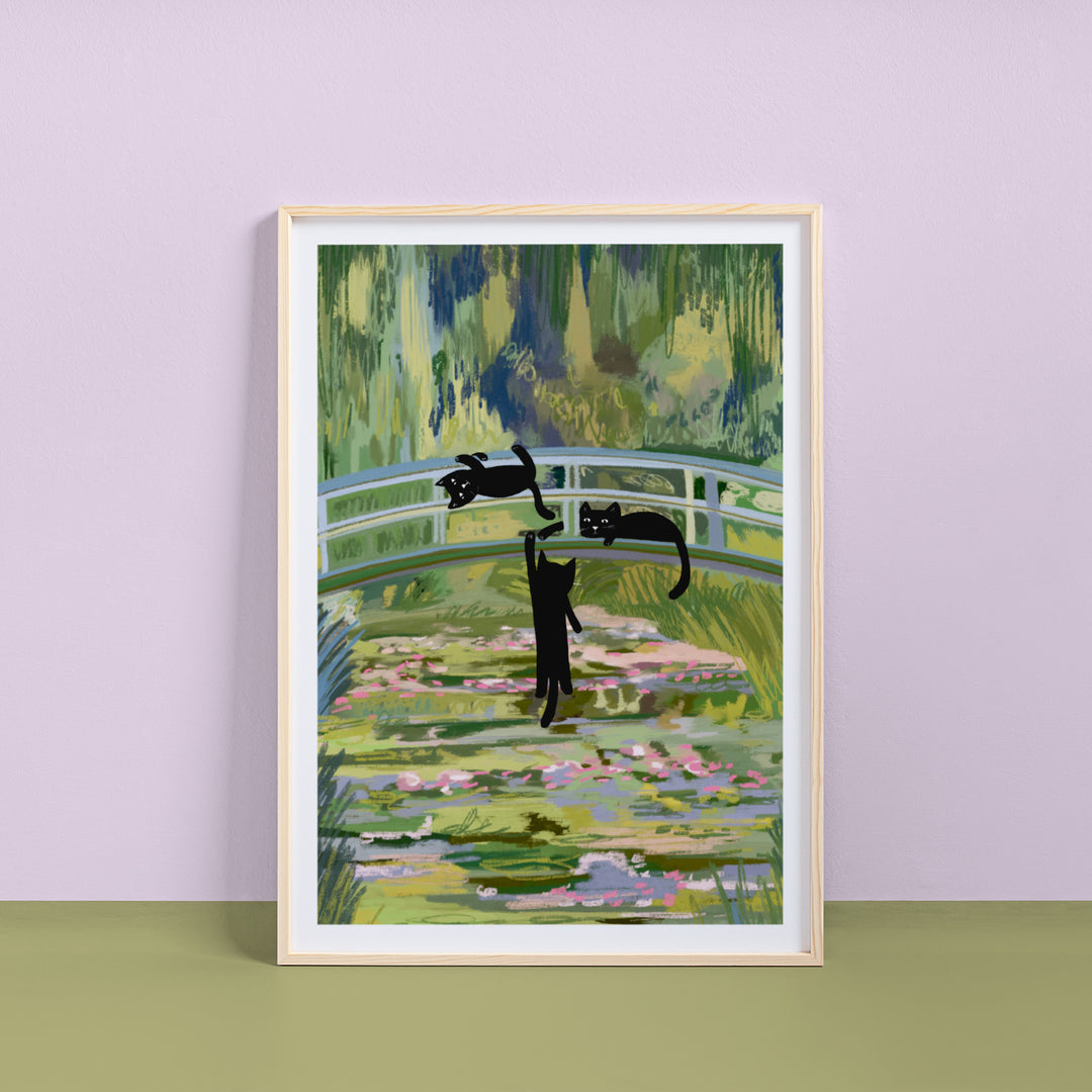 Clawed Monet Cats on a bridge Art Print