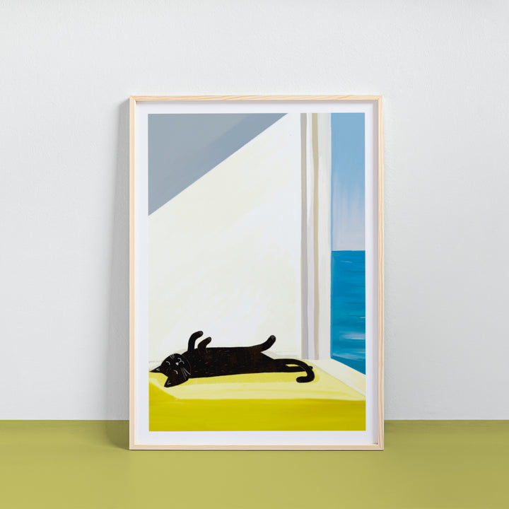 Cat bathing by the sea art print