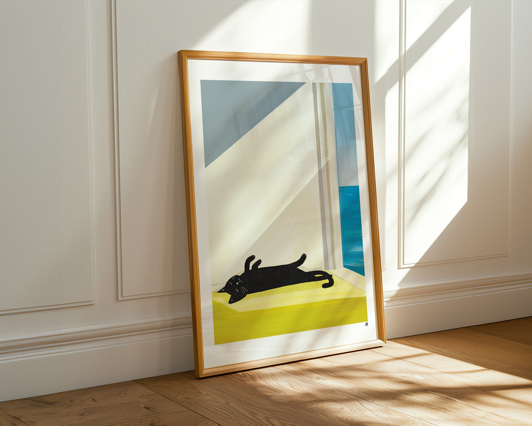 Cat bathing by the sea art print