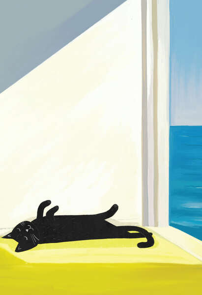 Cat Bathing by the Sea Art print