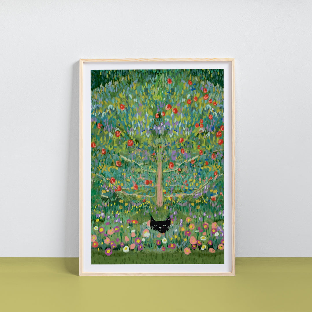 Cat hiding under the apple Tree