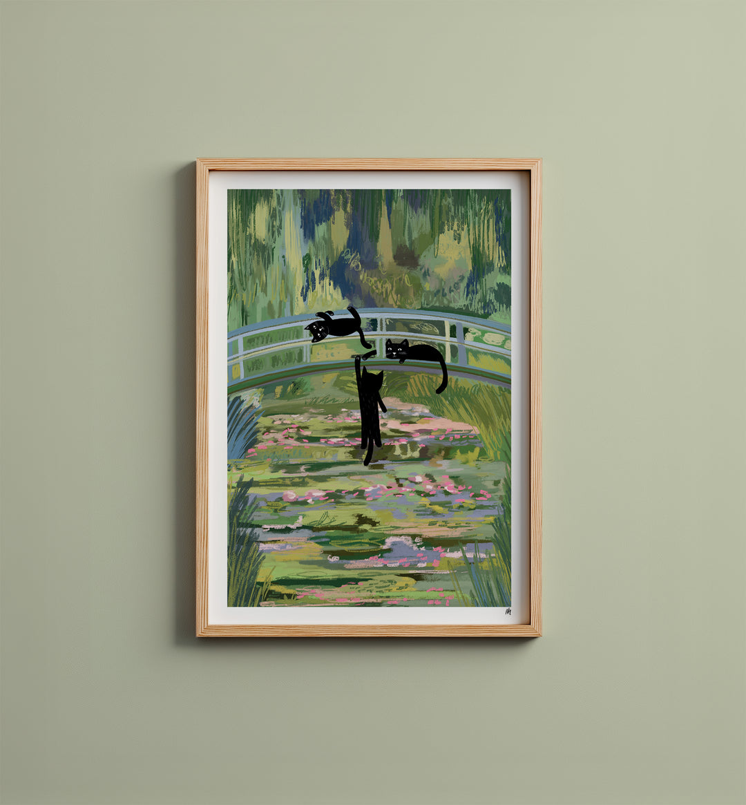 Clawed Monet Cats on a bridge Art Print