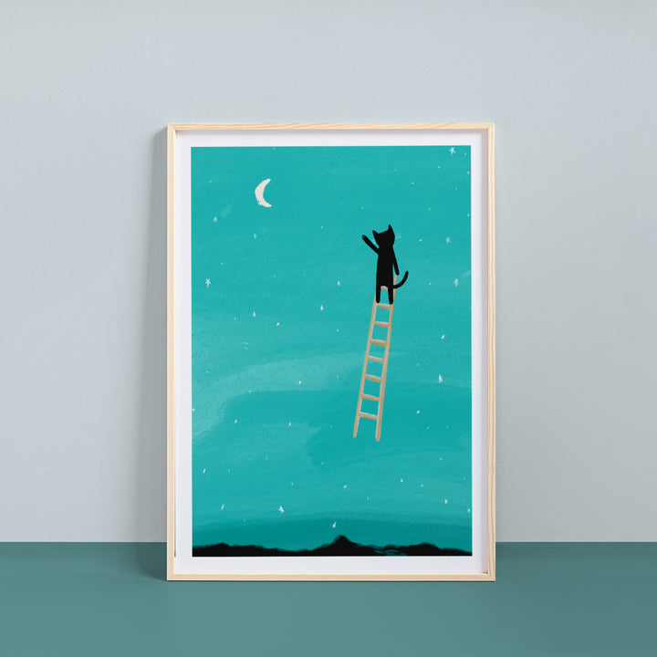 Cat Ladder to the Moon Art Print