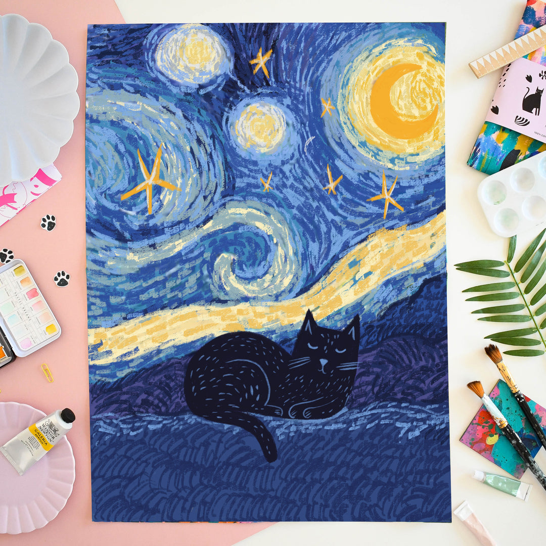 Vincat's Starry Night Cat Tea Towel
